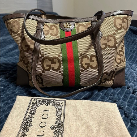 Gucci Beige and Brown GG Tote with Green and Red Stripe - Picture 1 of 7